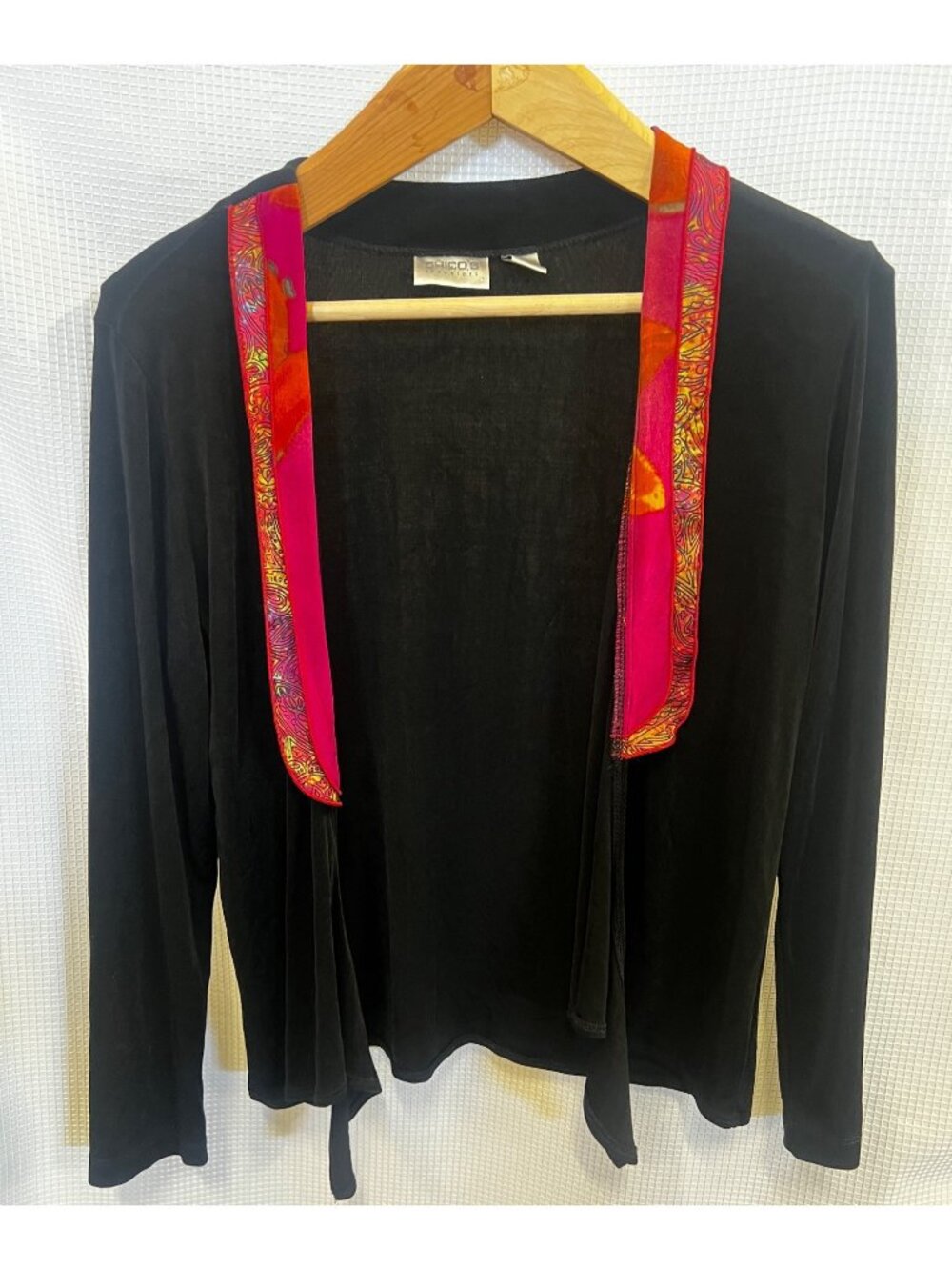 CHICO'S open front cardigan jacket, traveler's, Y2K, decorative trim, size 1